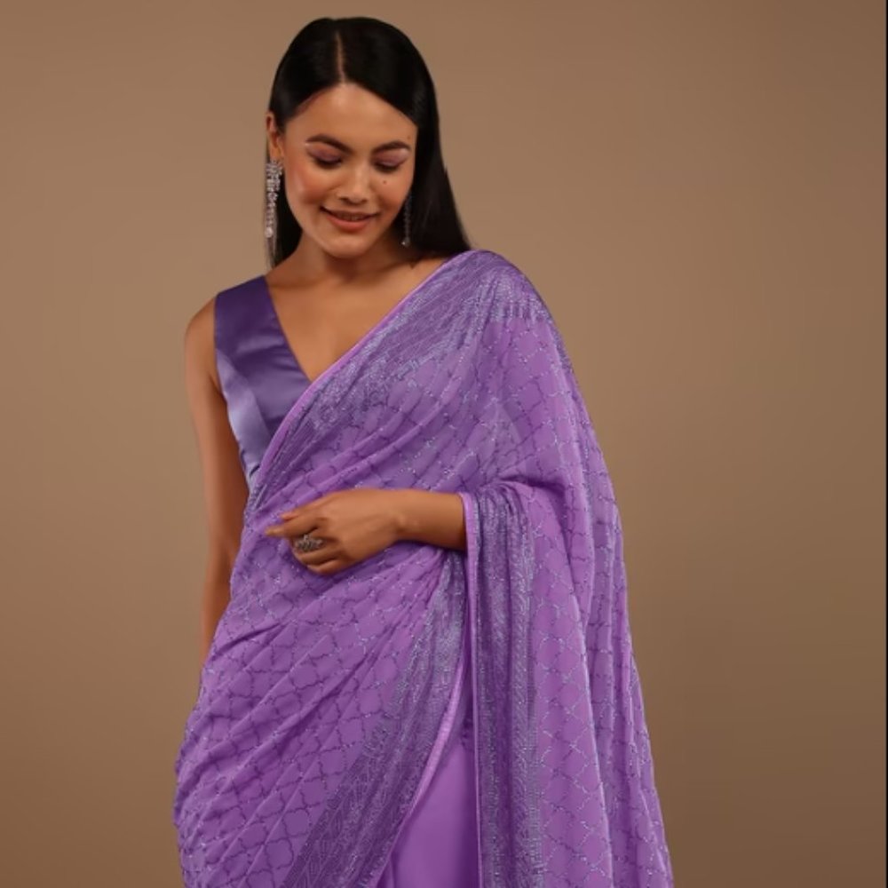 Purple Georgette Saree With Swarovski Stonework On The Borders - Kalki Fashion